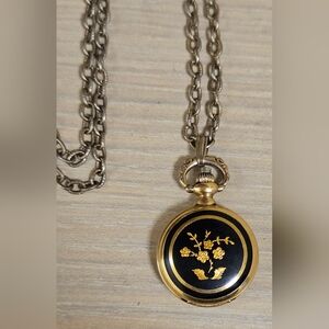 Vintage Belair Gold-Tone Etched Flower Locket Stop Watch Pendant with Chain